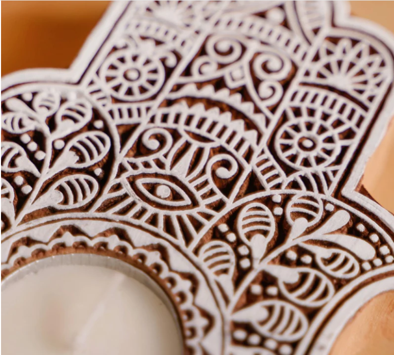 Wooden Hamsa Hand Decorative Candle Holder Set Of 2