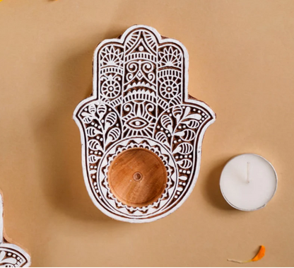 Wooden Hamsa Hand Decorative Candle Holder Set Of 2