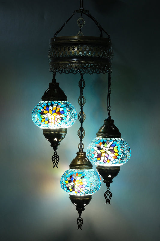 Turkish Chandeliers, Turkish Ceiling Lamp, 3 Globe Mosaic Hanging Lamp, Moroccan Pendant Lighting, Turkish Lighting, 160 inch Extra Chain