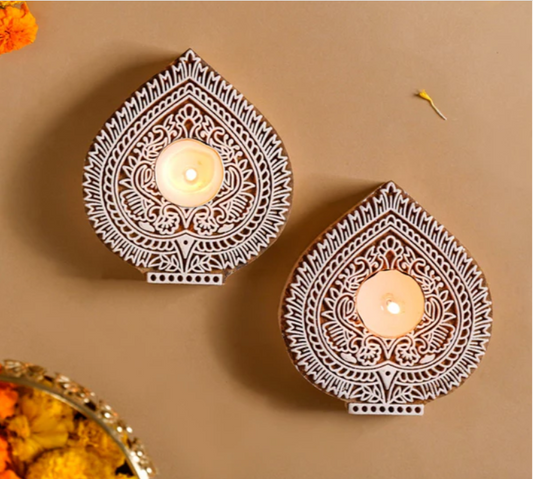 Wooden Leave Decorative Candle Holder Set Of 2