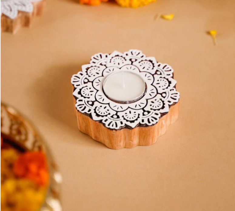 Wooden Floral Mandala Decorative Candle Holder Set Of 2