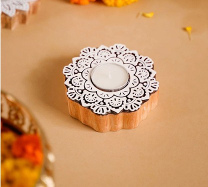 Wooden Floral Mandala Decorative Candle Holder Set Of 2