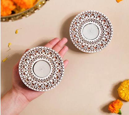 Wooden Floral Mandala block Decorative Candle Holder Set Of 2