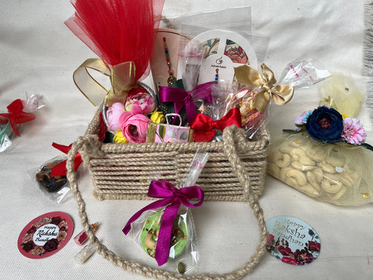 Customised Rakhi chocolate jute hamper with Rakhi + Roli