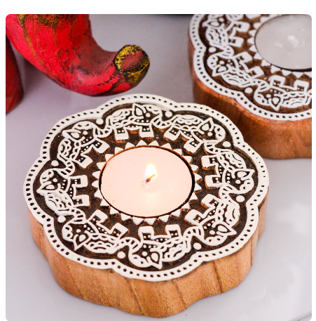 Wooden Elephant Round Decorative Candle Holder Set Of 2