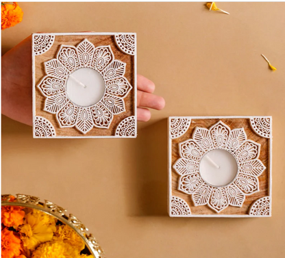 Wooden Square Block Decorative Candle Holder Set Of 2